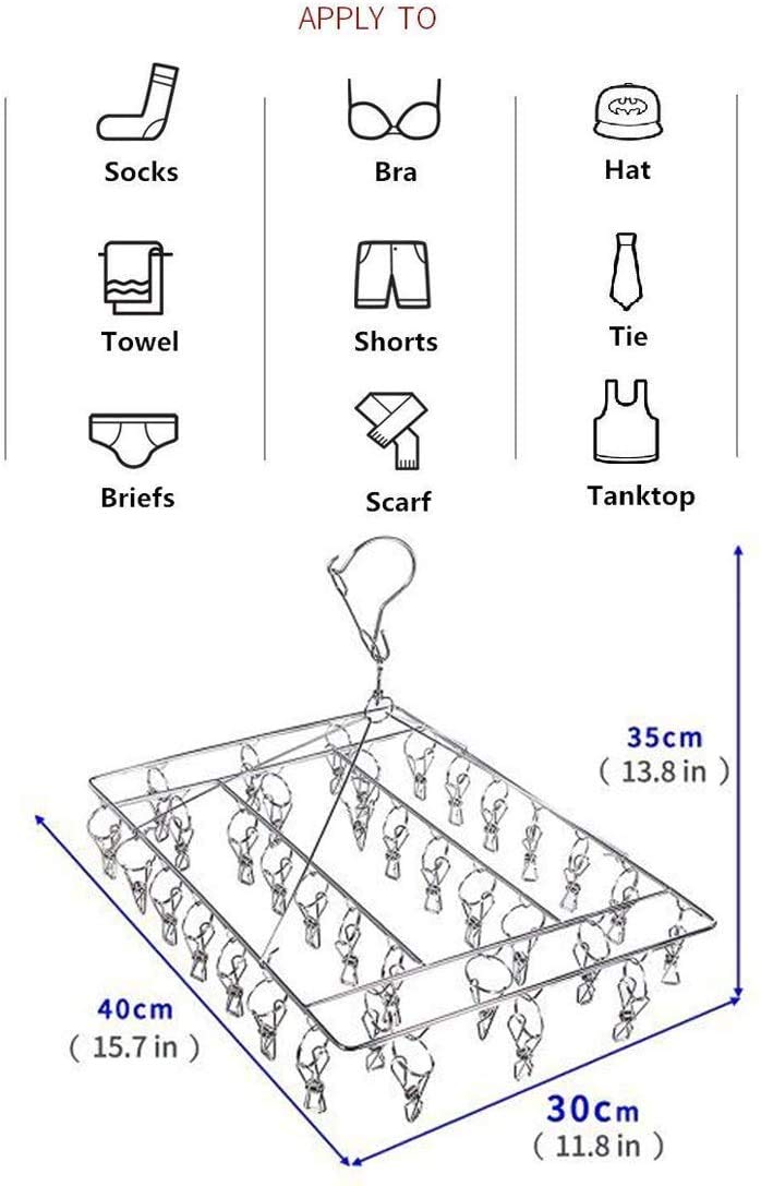 Skroad Stainless Steel Sock Drying Rack with 36 Clips, Swivel Hook Wind-Proof Clothes Hanger Rack for Sock, Bras, Underwear, Laundry Accessories - Image 4